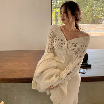 Yipinpay Women Hollow Sweater Cardigan Outerwear New Style KoreanV Neck Button Knitted Tops Jackets Woman